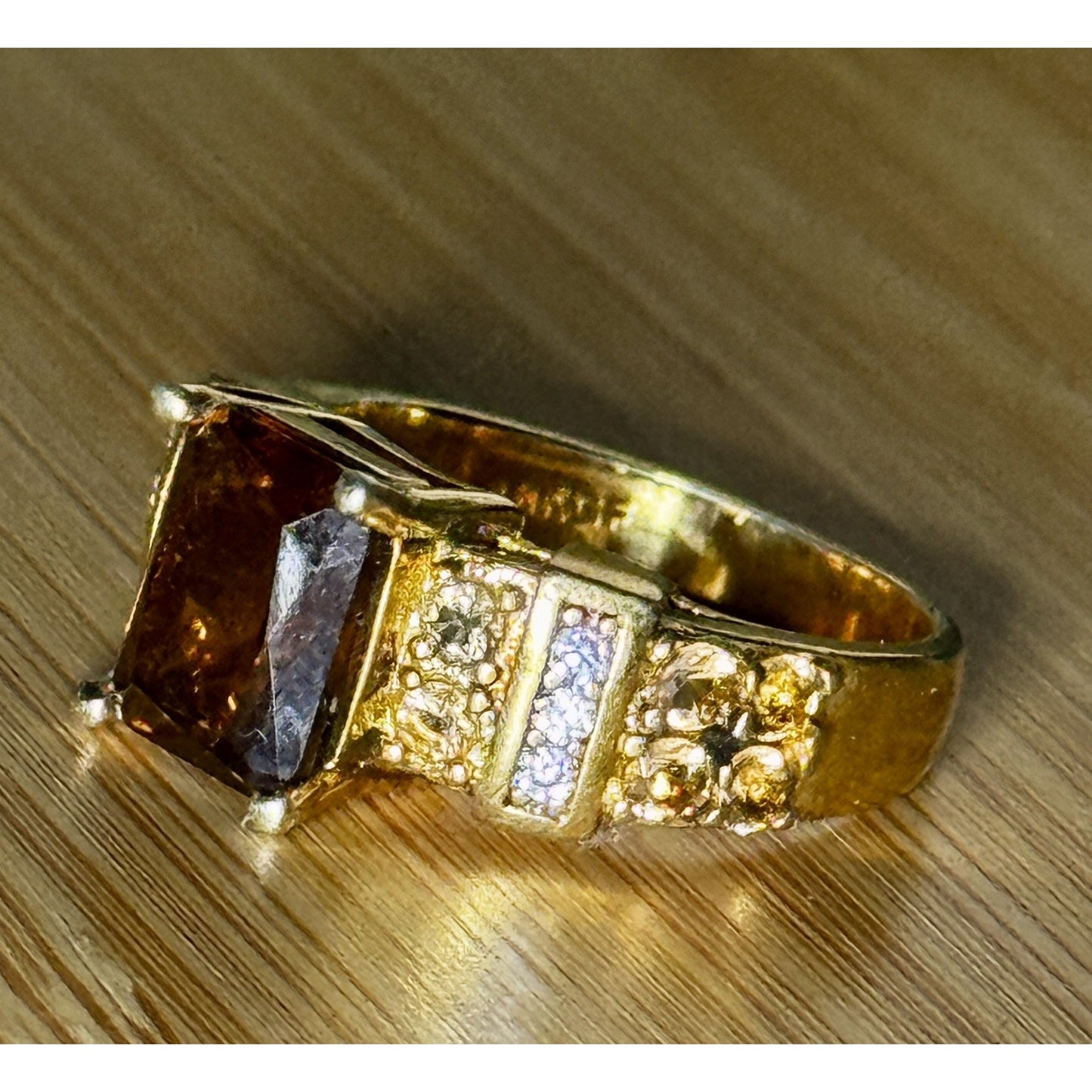Vintage 18K GF Brown Crystal Rhinestone Cocktail Ring Size 9.25