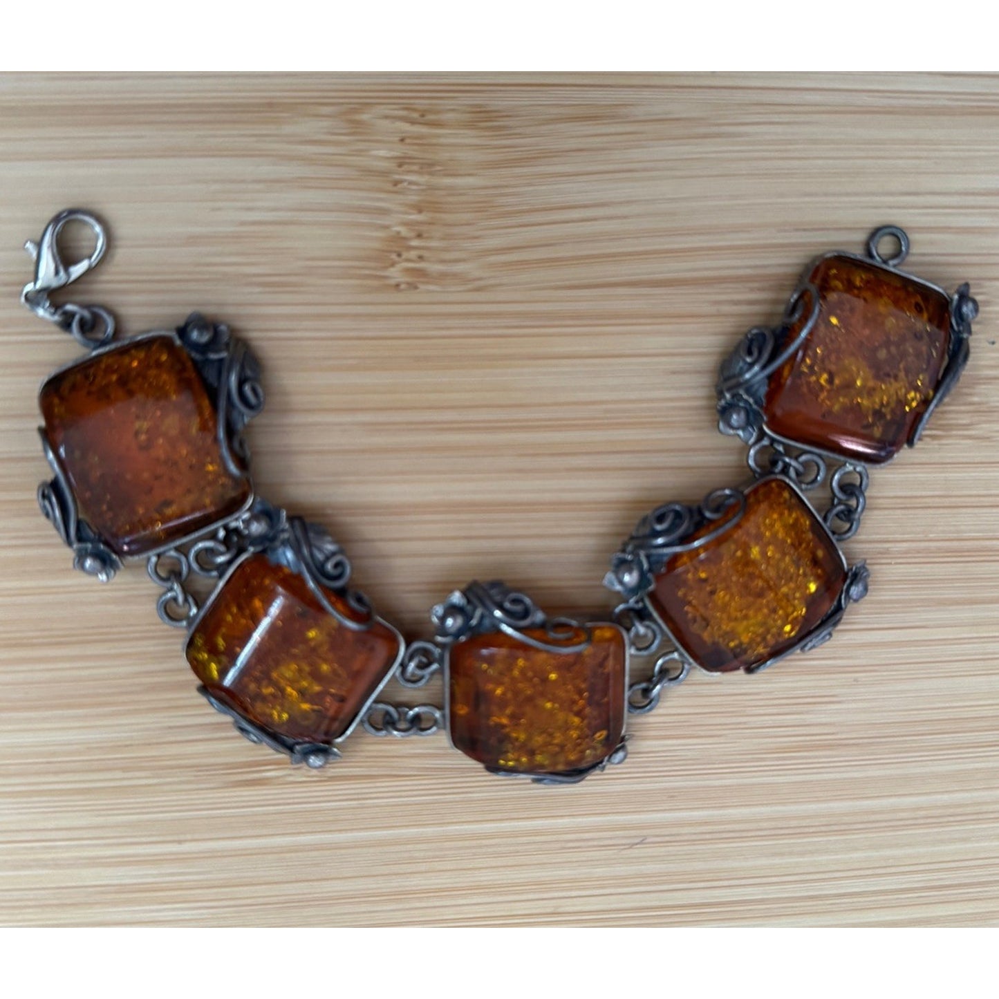 Vintage Baltic Amber Panel Bracelet Sterling Silver Art Nouveau 7 3/4” 51 Grams