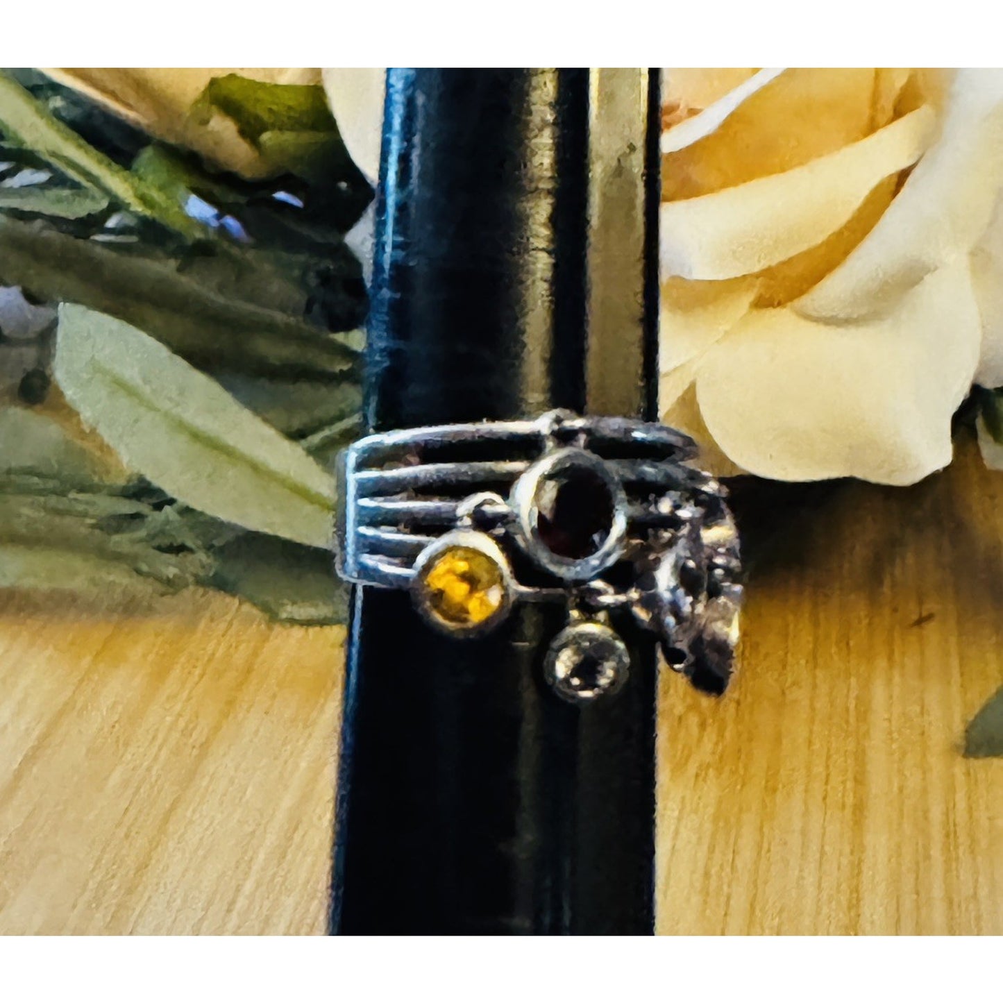 Vintage 90s Thai Sterling Silver Gemstone Dangle Ring Sz 8 Peridot Topaz Citrine