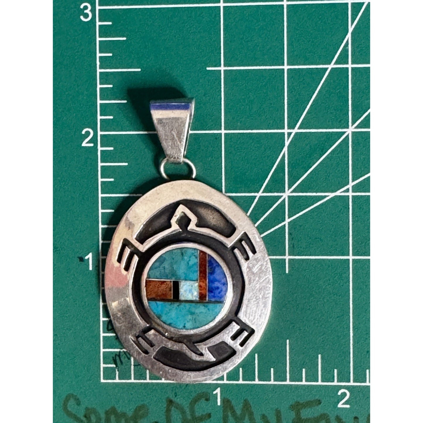 Vintage Zuni Native American Sterling Silver Inlay Pendant Signed F.L. 925