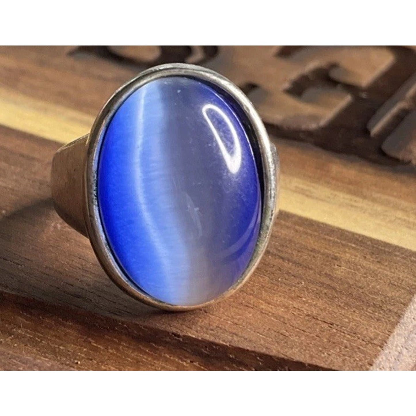 Vintage Large Blue Cabochon Cats Eye Statement Ring 925 Sterling Silver Size 8