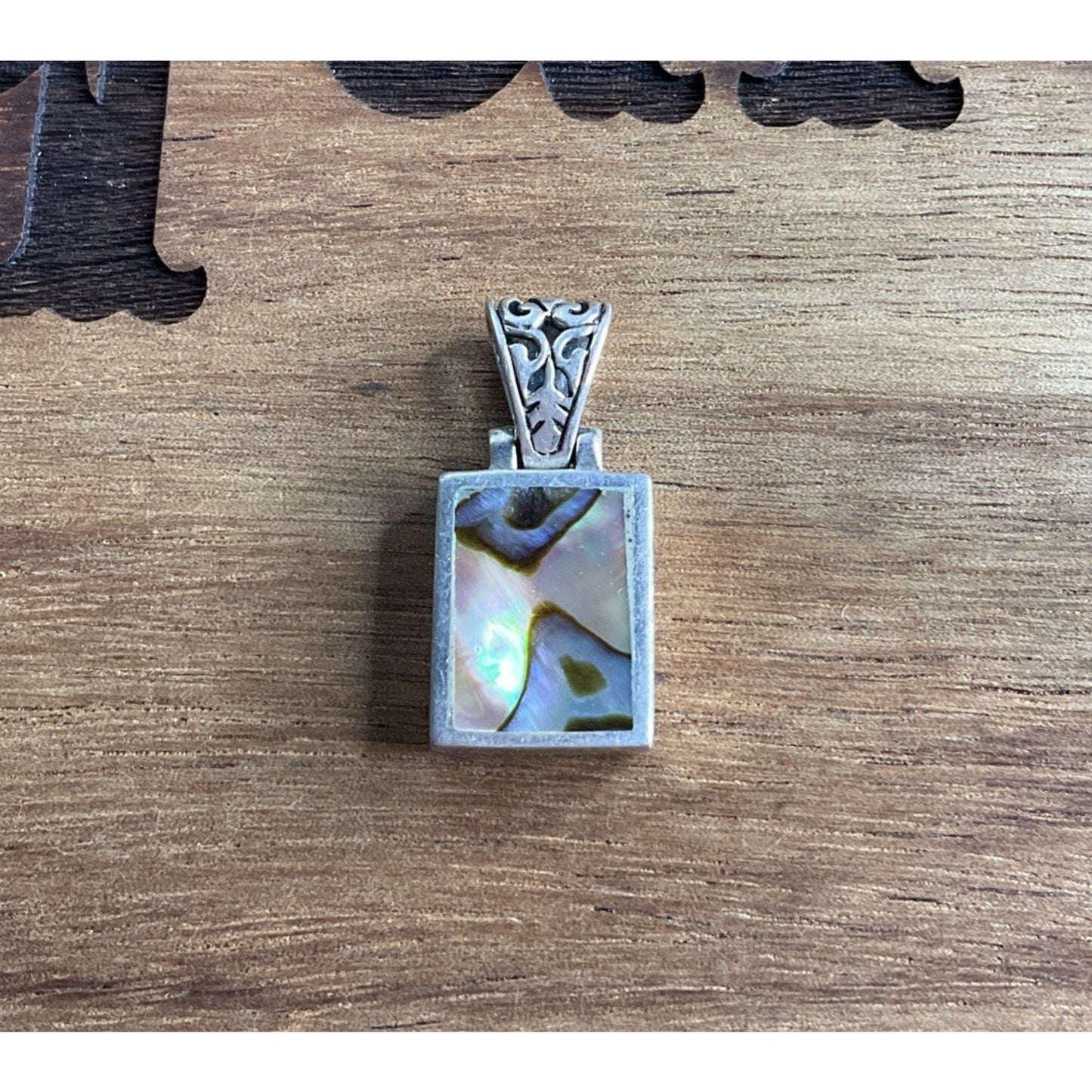 Vintage Sterling Silver Abalone Shell Rectangular Iridescent Pendant