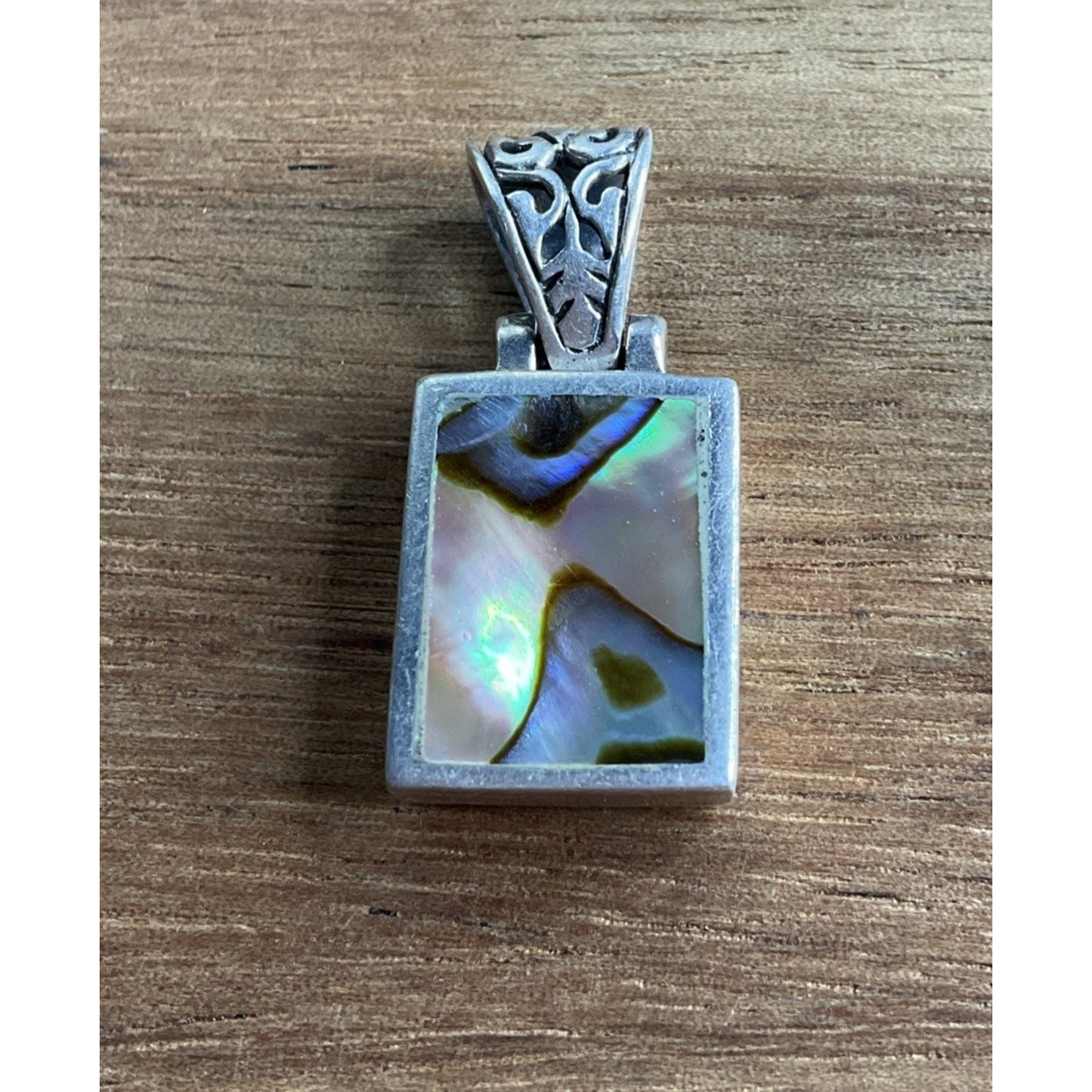 Vintage Sterling Silver Abalone Shell Rectangular Iridescent Pendant