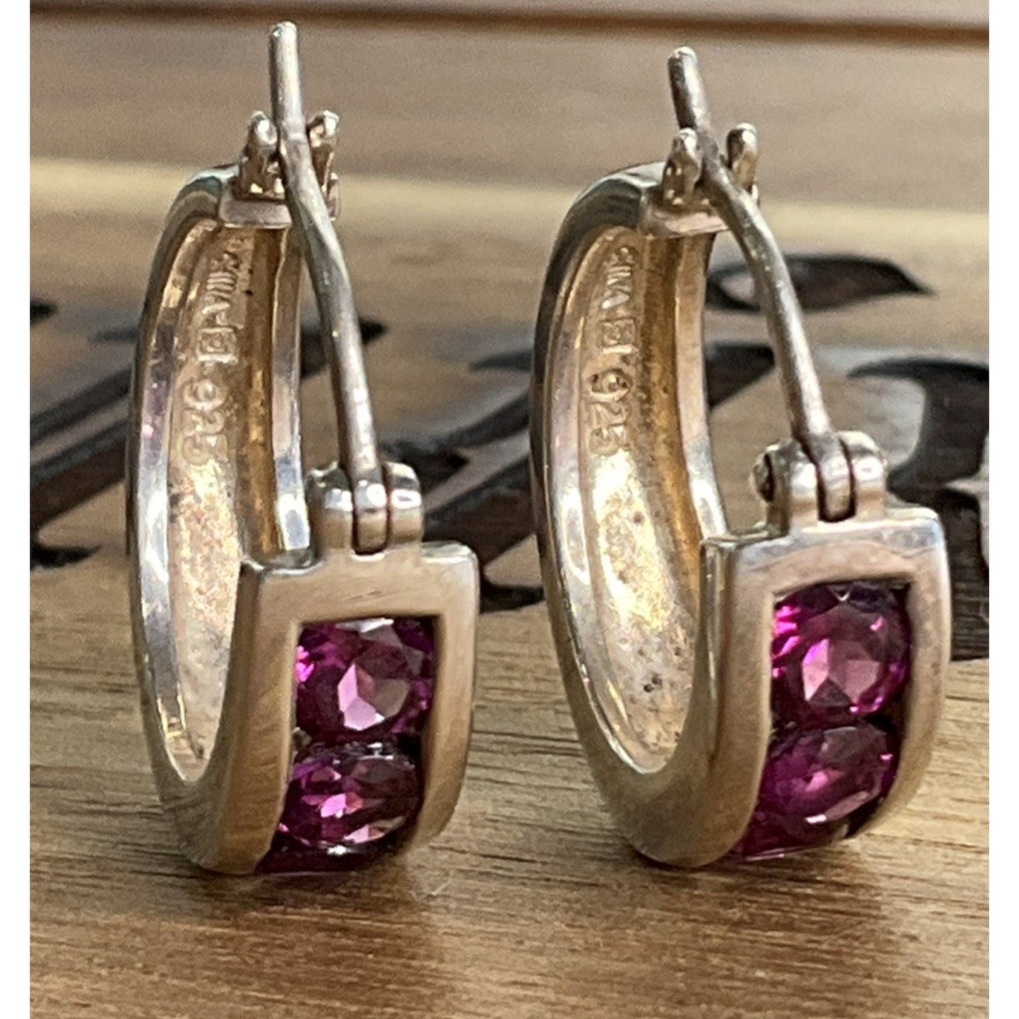 Vintage Sterling Silver Amethyst Purple gemstone Hoop Huggie Earrings