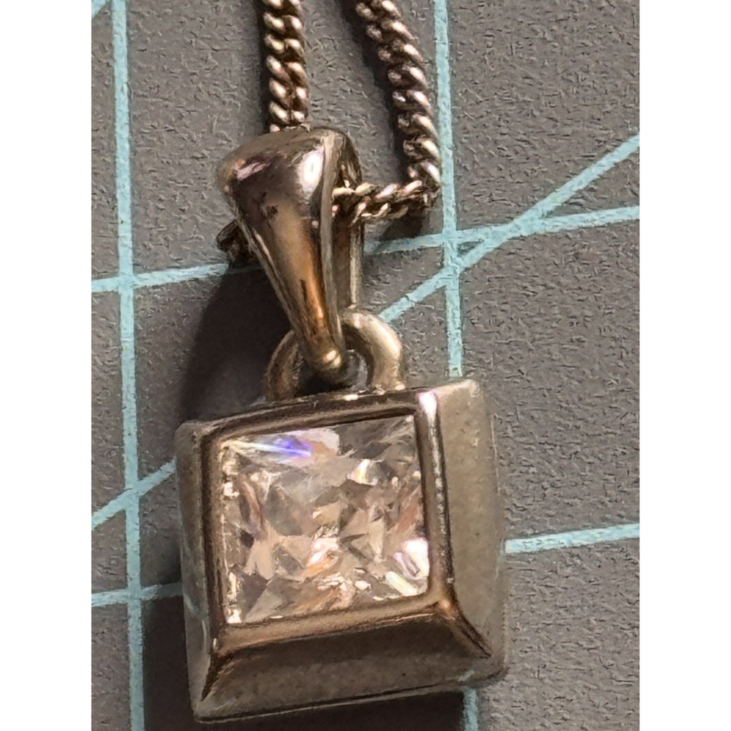 Sterling Silver 925 Princess Cut Clear CZ Cube Pendant Necklace 7g Modern 18”