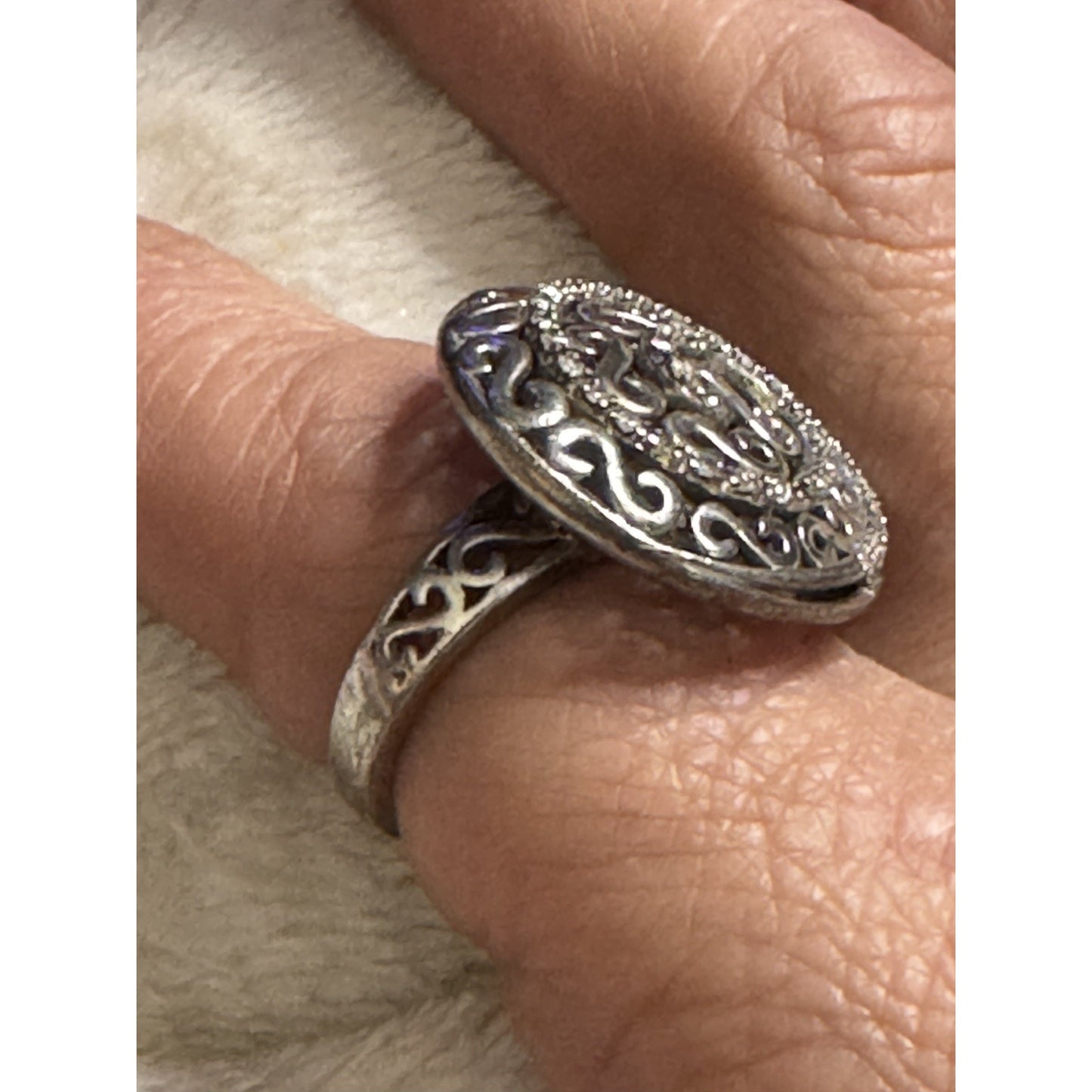 Vintage Sterling Silver Diamond Pavé Dome Scroll Bold Ring Size 7.5 7.8g
