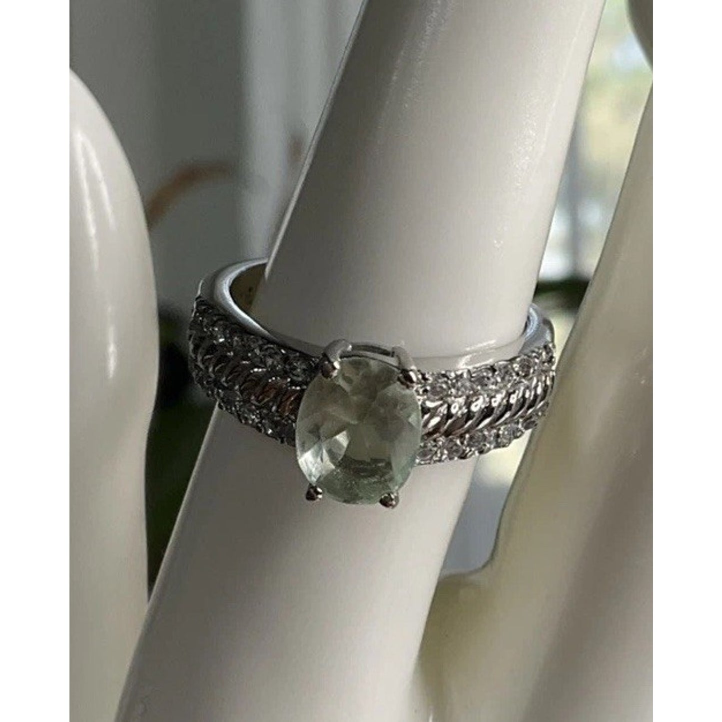 Sterling Silver Green Gemstone Halo Ring Oval Statement Ring 925 Size 8