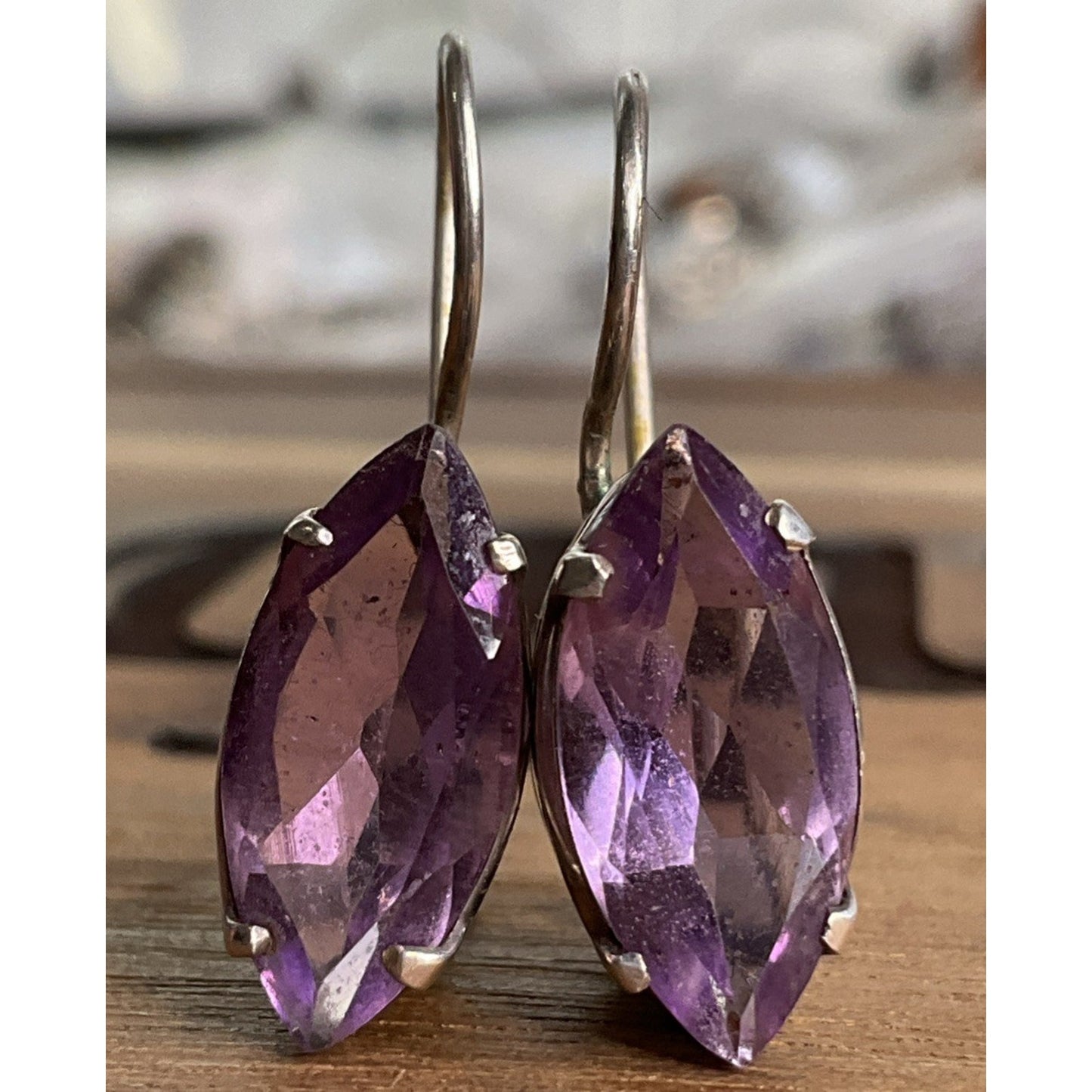 Vintage Sterling Silver Purple Amethyst Gemstone Marquise Leverback Earrings