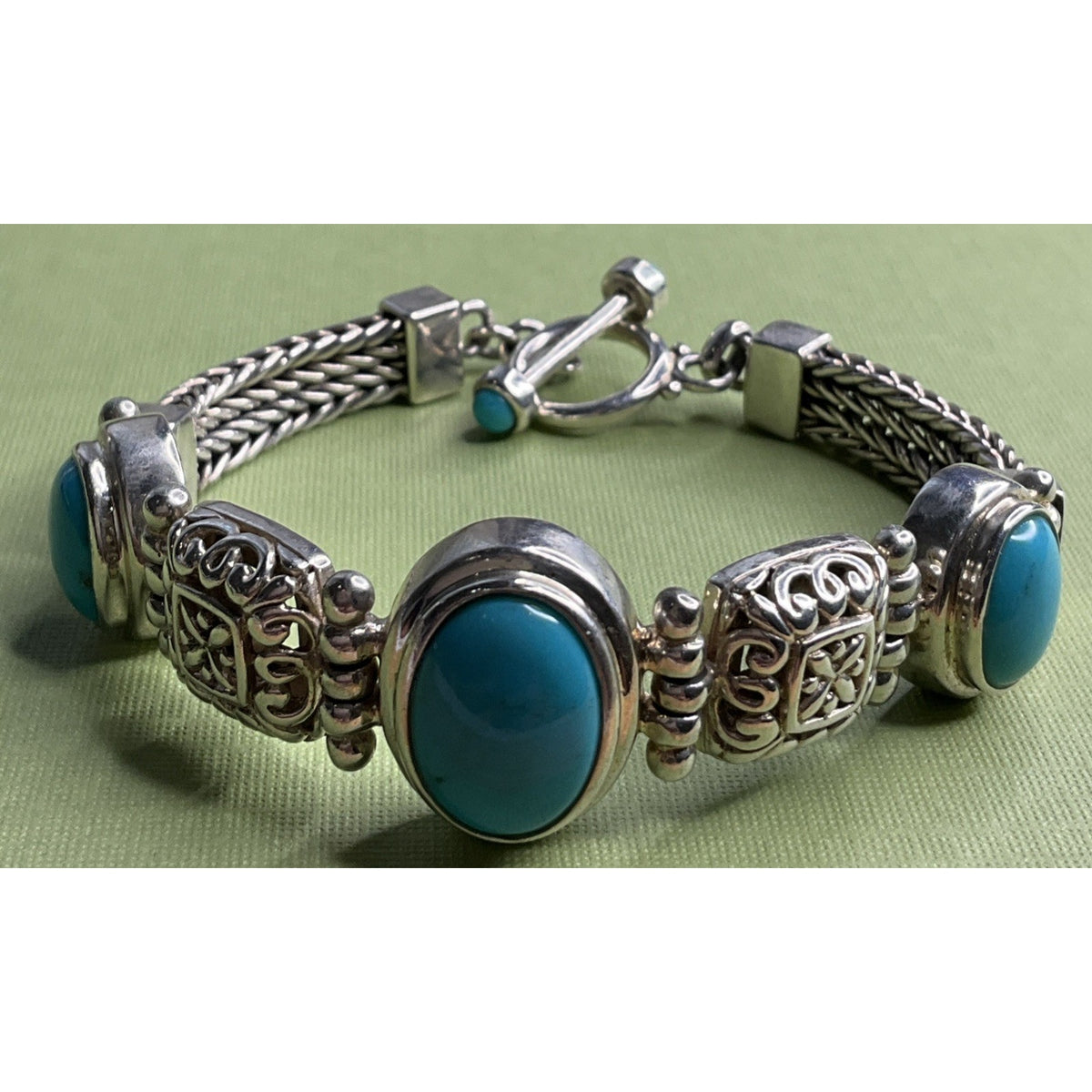 Vintage 925 Sterling Silver Turquoise Bracelet Ornate Filigree Woven Chain 30gr