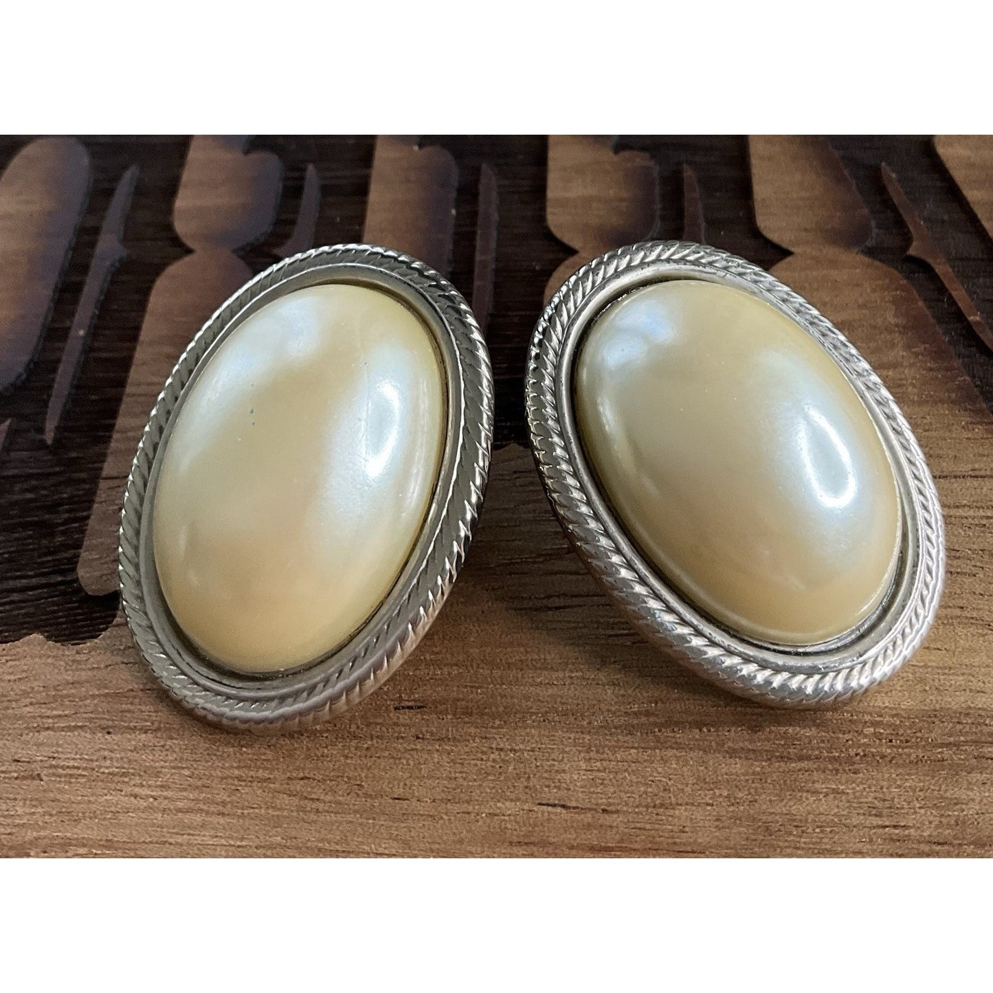 Vintage Faux Pearl Clip-On Earrings Silver Tone Large Oval Statement Earrings