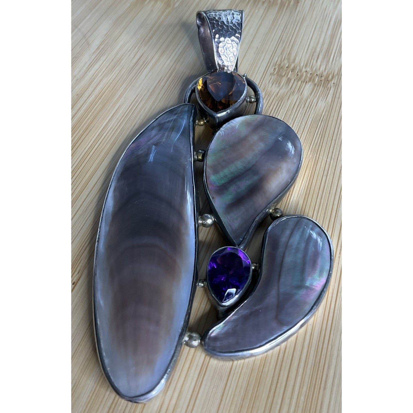 Large Artisan Mother of Pearl Amethyst Citrine Statement Pendant 55g 5” X 2.5”
