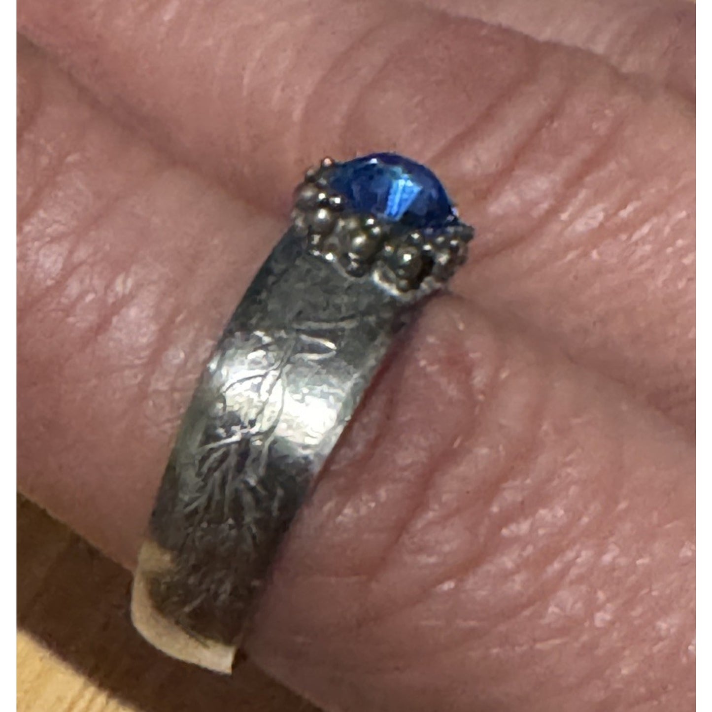 Vintage Thai Sterling Silver Blue Topaz Ring Wide Engraved Band