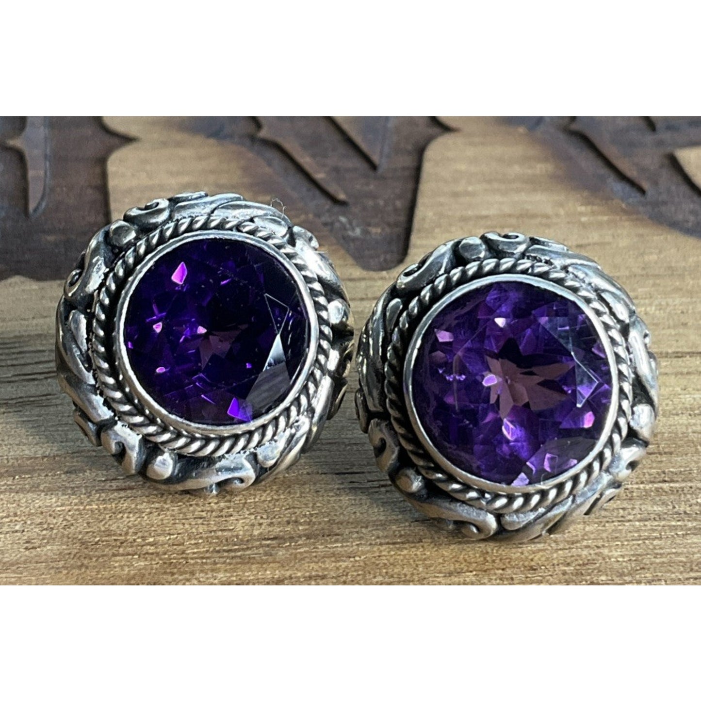 Vintage Sterling Silver Amethyst Purple Bali Stud Earrings