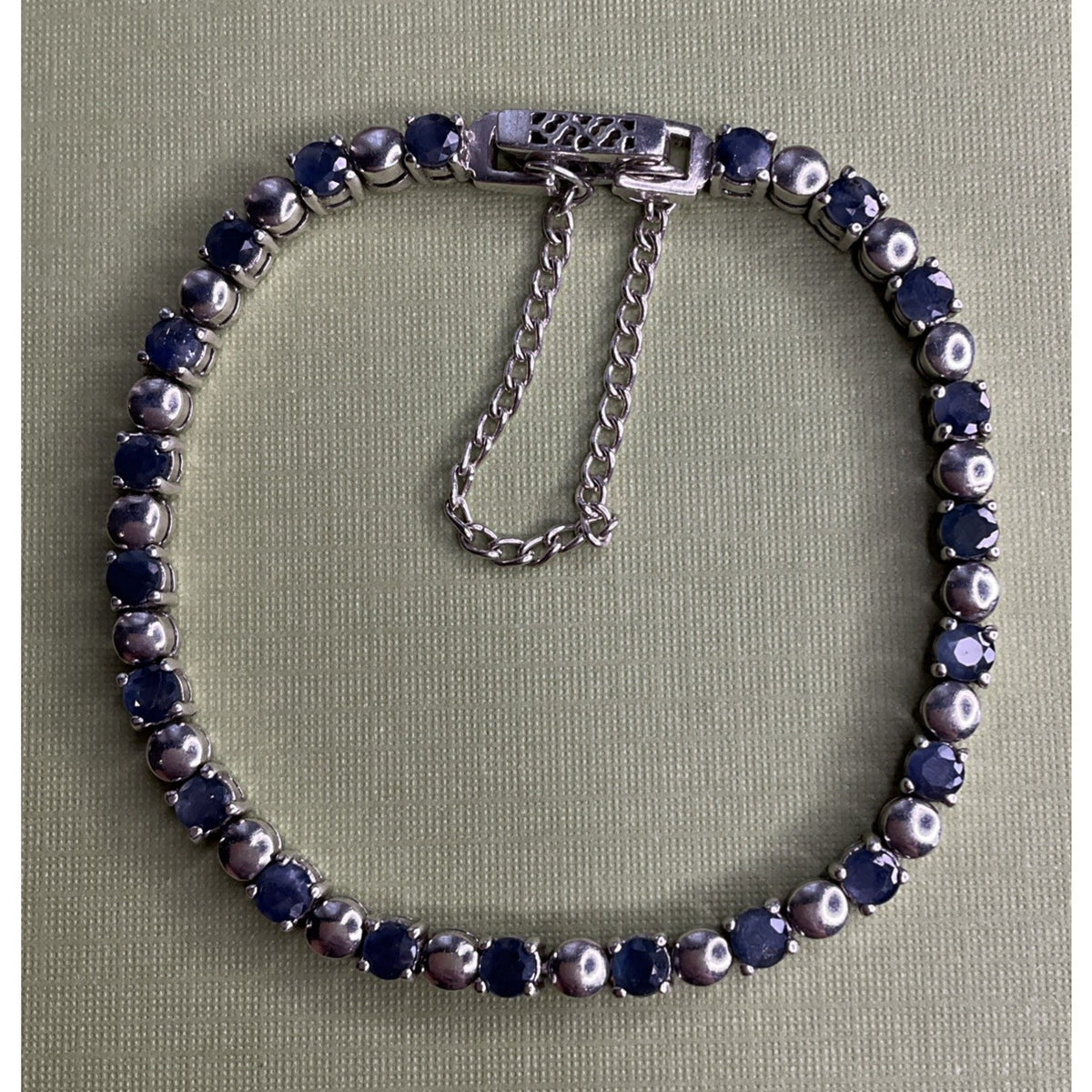 Vintage 925 Sterling Silver Blue Sapphire Tennis Bracelet 14g 7.25” Safety Chain