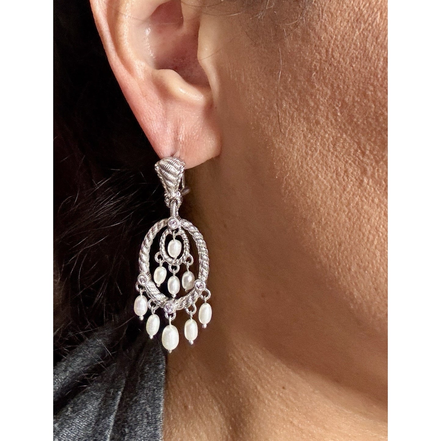 Vintage Judith Ripka 925 Sterling Silver Pearl Chandelier Drop Earrings 14.6g