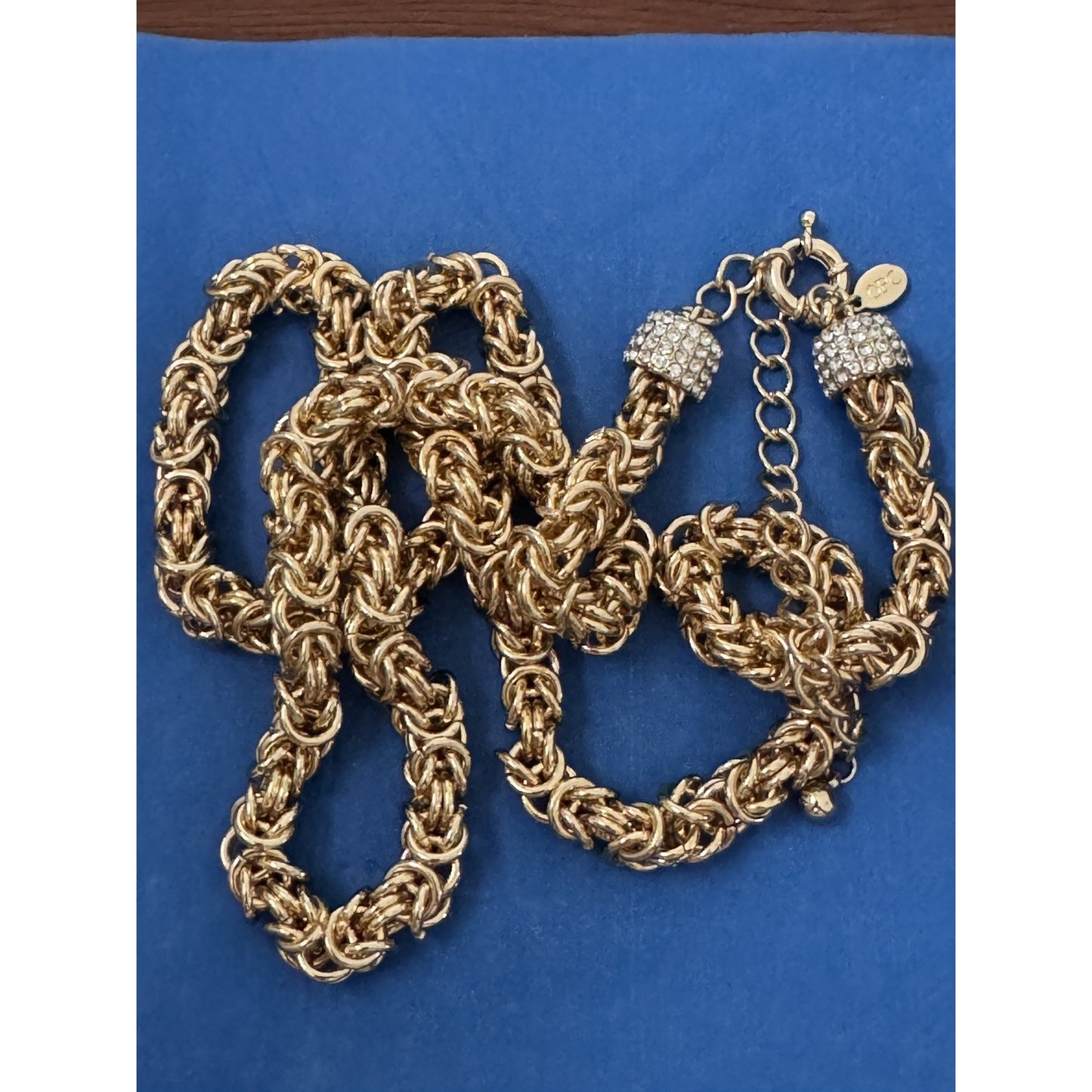 Premier Designs OPC 32” Heavy Byzantine Gold Tone Necklace 176g Rhinestone Caps