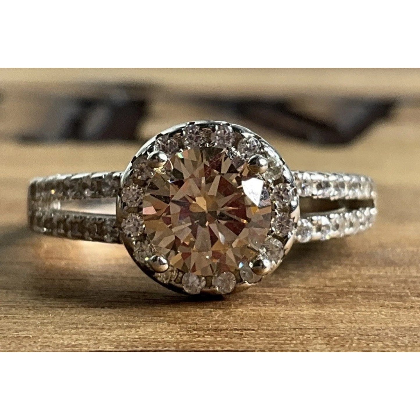 Sterling Silver Champagne CZ Halo Engagement Ring Size 7.5 Round Bridal