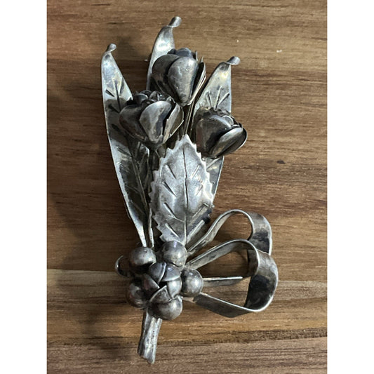 Vintage HOB Hector Ortega 925 Floral Spray Brooch Handwrought Rose Bud Pin 16g