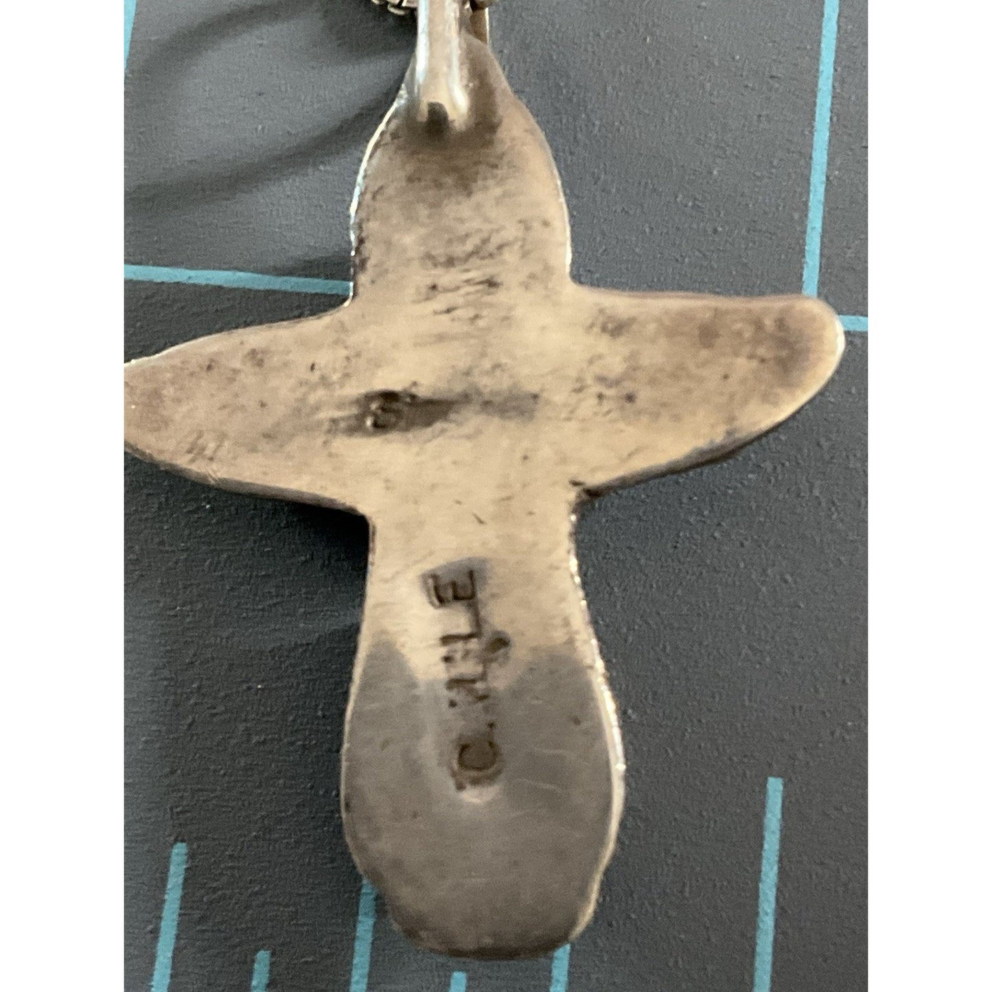 Vintage Sterling Turquoise Native American Signed Cross Pendant & 24” Chain 925