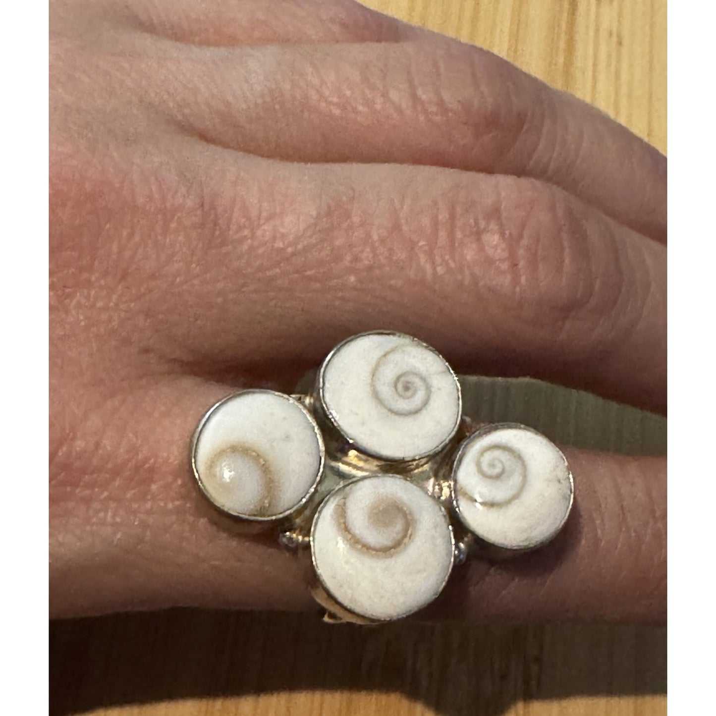 Shiva Eye 4 Shell Cross Pacific Cat's Eye Ring Boho Beach Ring Healing Sz 8