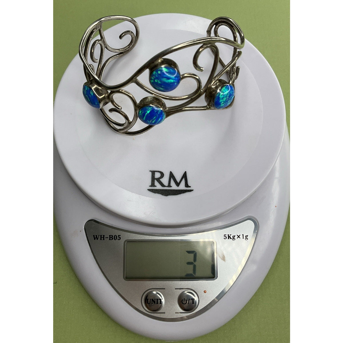 Mexico 925 Sterling Silver Blue Opal Wide Scroll Cuff Bracelet 31g