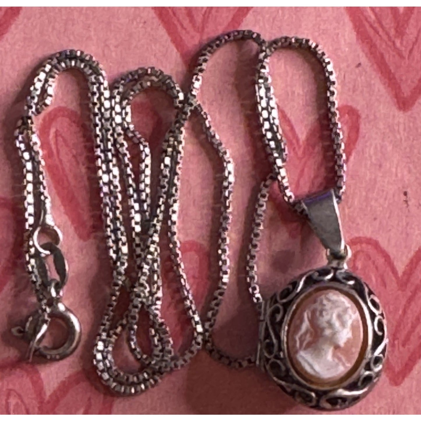 Vintage Sterling 925 Shell Signed Cameo Locket Classical Lady Profile Chain 18”