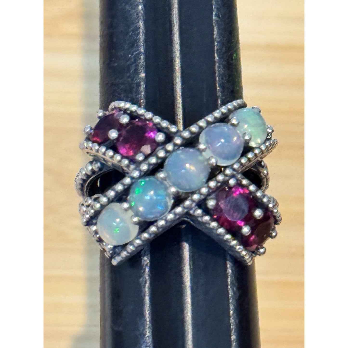 Vintage Sterling Silver Opal & Garnet Statement Ring Boho Bali Ring Size 8.5