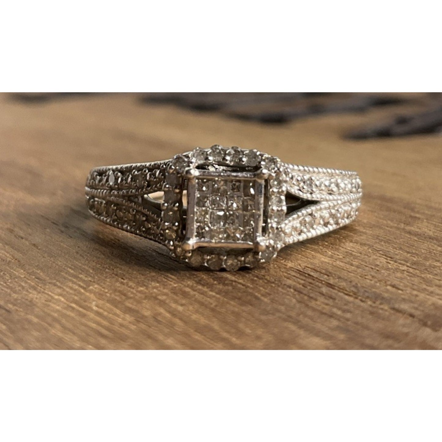 Sterling Silver Cluster Ring 925 Size 7 Halo CZ Split Shank Bridal