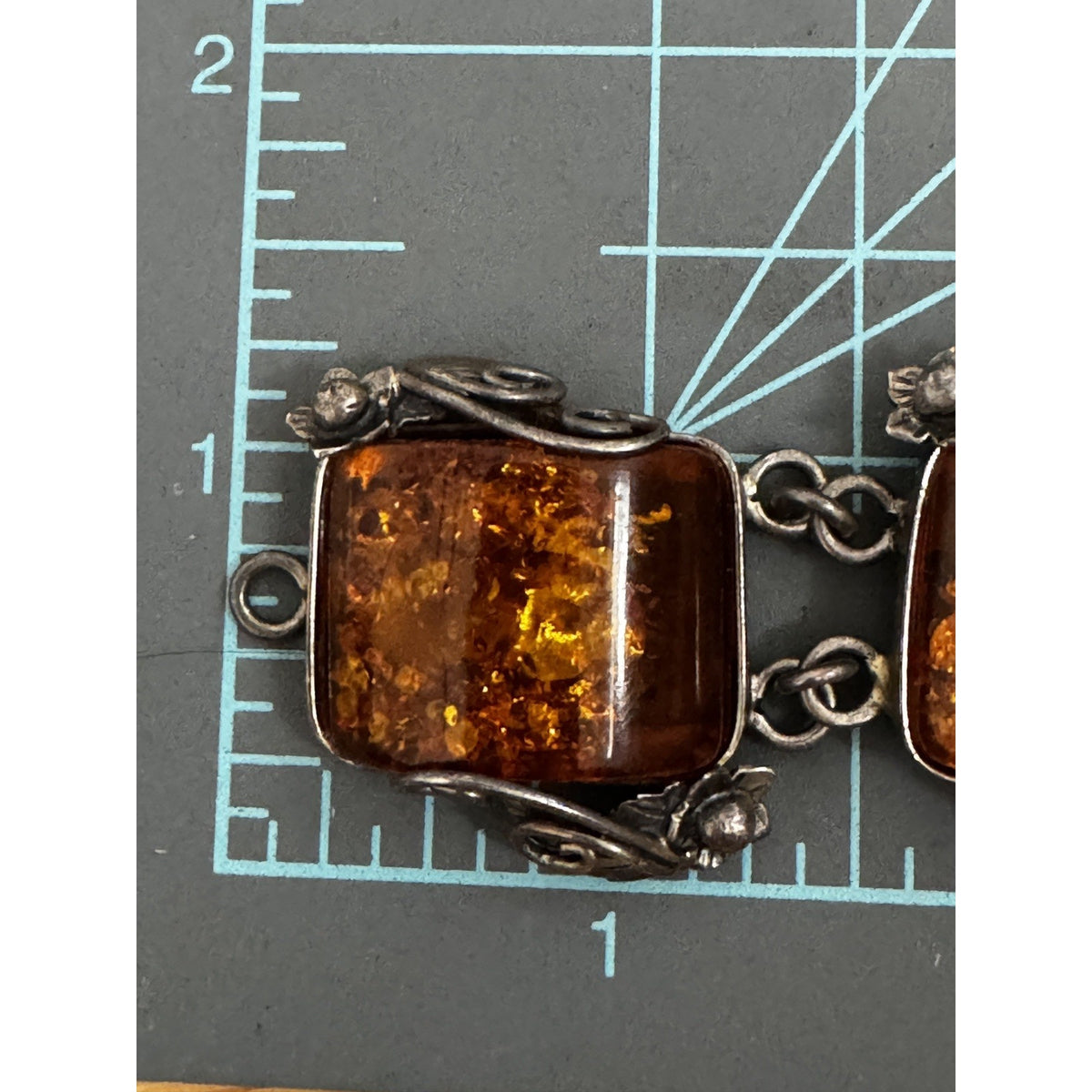 Vintage Baltic Amber Panel Bracelet Sterling Silver Art Nouveau 7 3/4” 51 Grams