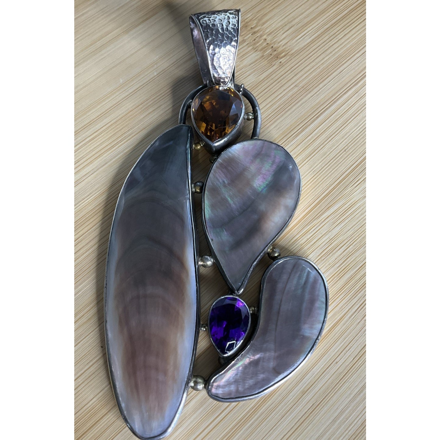 Large Artisan Mother of Pearl Amethyst Citrine Statement Pendant 55g 5” X 2.5”