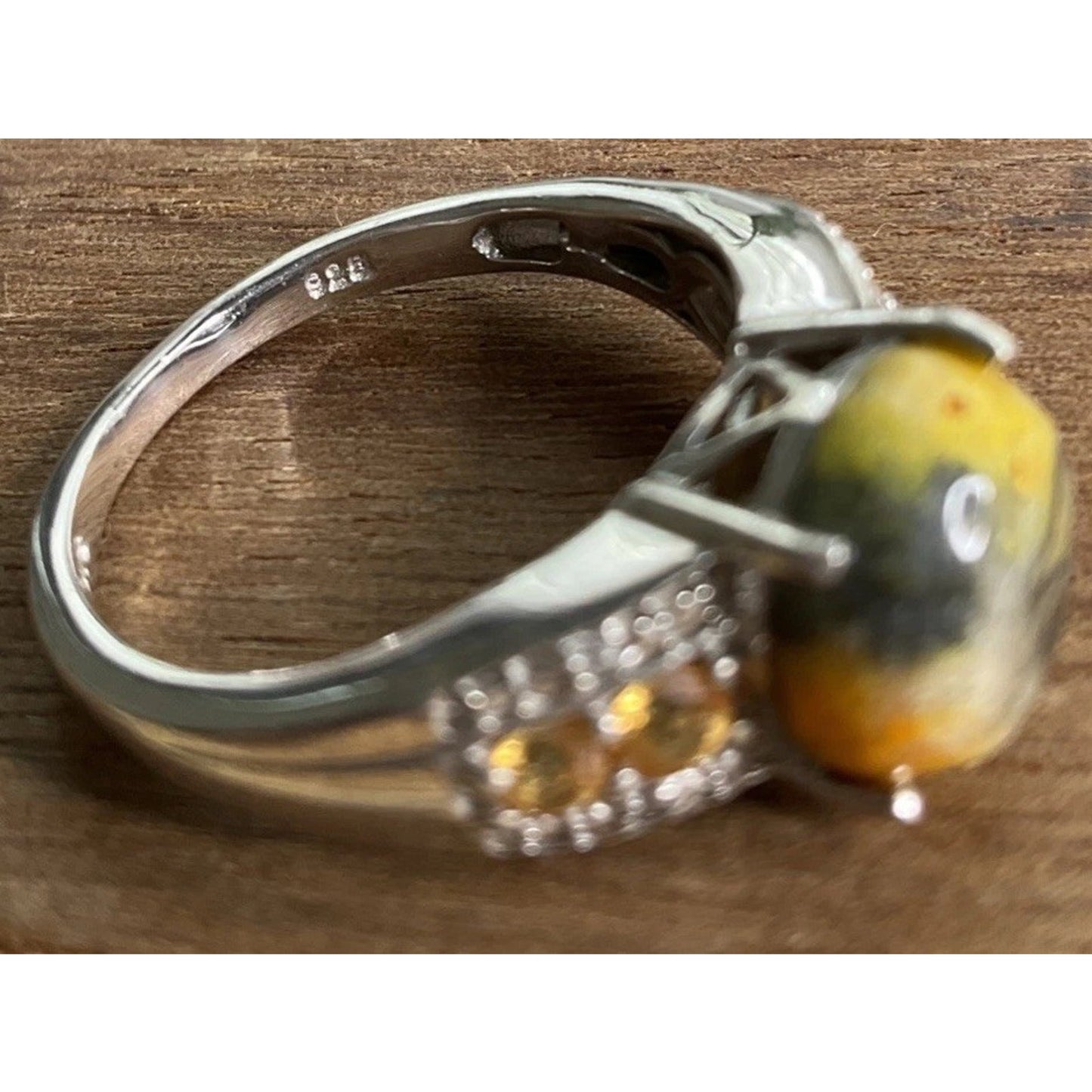 Vintage Bumblebee Jasper Yellow Green Cabochon Sterling Silver Ring Size 8.5