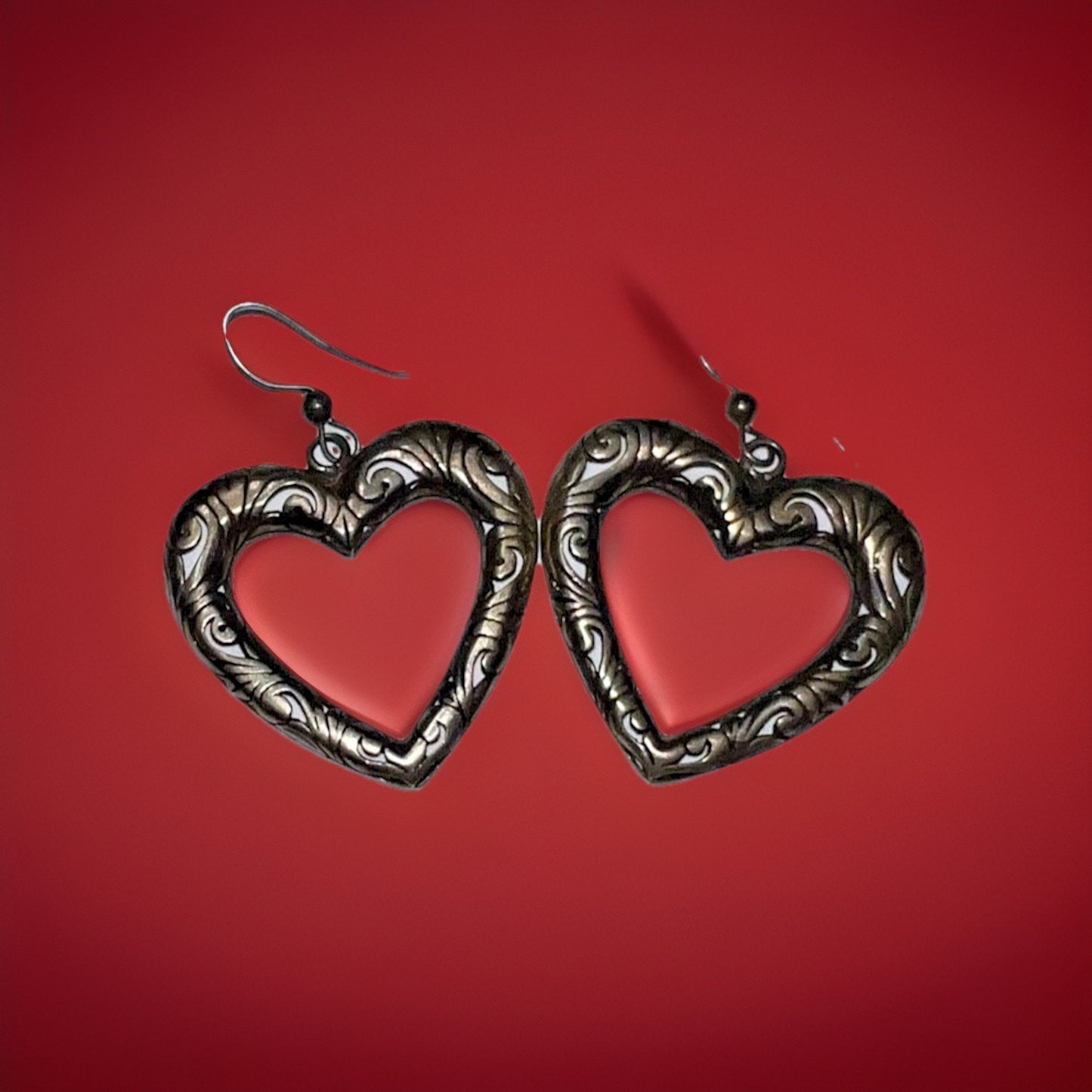 Vintage Sterling Silver Heart Dangle Earrings – Ornate Scroll Design ~1.5” , 11g
