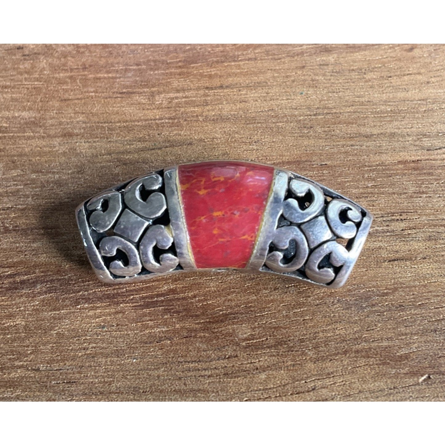 Vintage Sterling Silver Red Stone Curved Tube Filigree Boho artisan jewelry