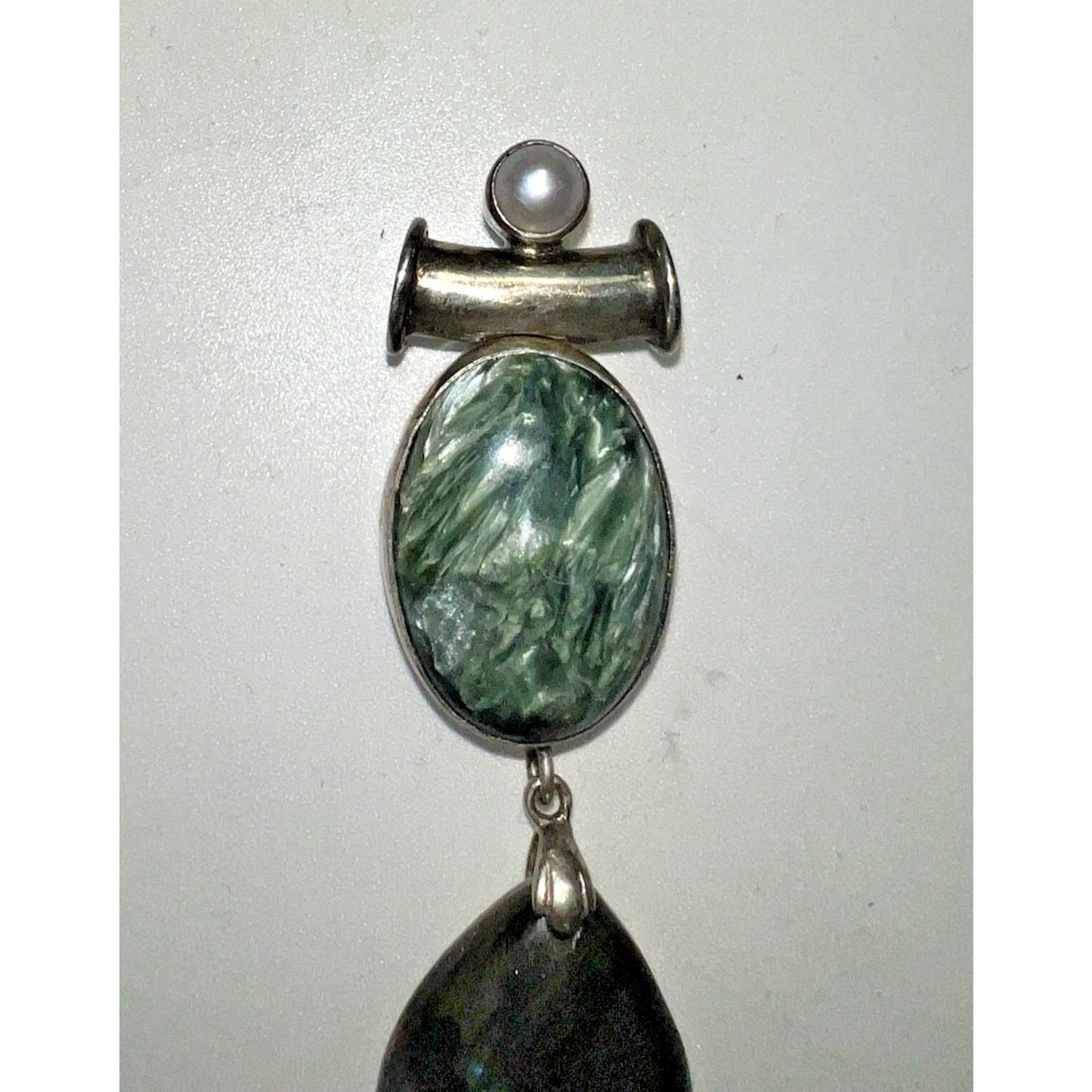 Vintage Sterling Silver Seraphinite Pearl & Obsidian Pendant Modernist 3” 18g