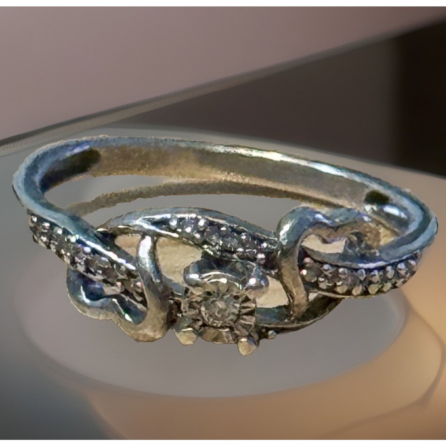 Vintage Sterling Silver Diamond Accent Sweetheart Double Heart Bypass Ring 6.5