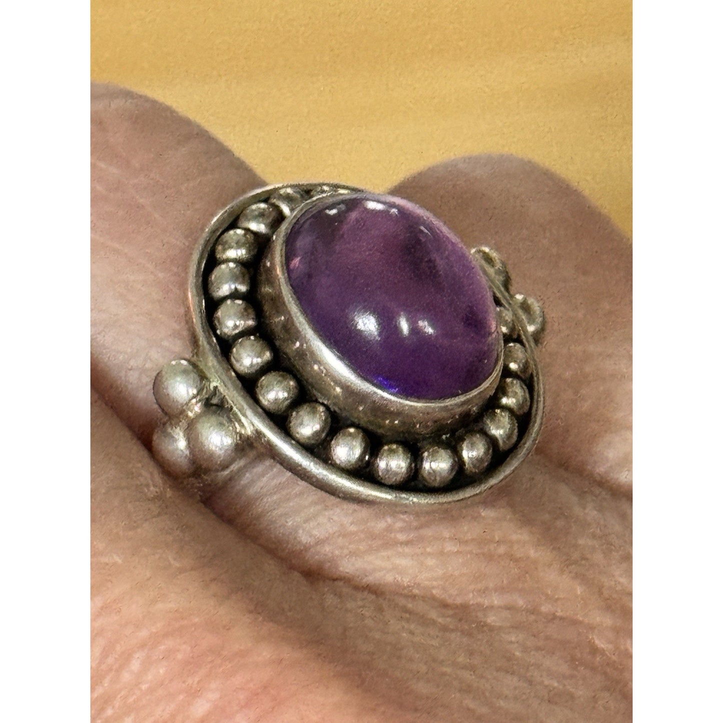 Amethyst Cabochon Sterling Silver Beaded Purple Gemstone Ring Size 7.5 India
