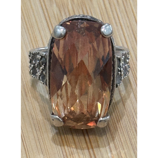 Vintage Sterling Silver Cognac Smoky Quartz Marcasite Statement Ring Sz 5.5 13g