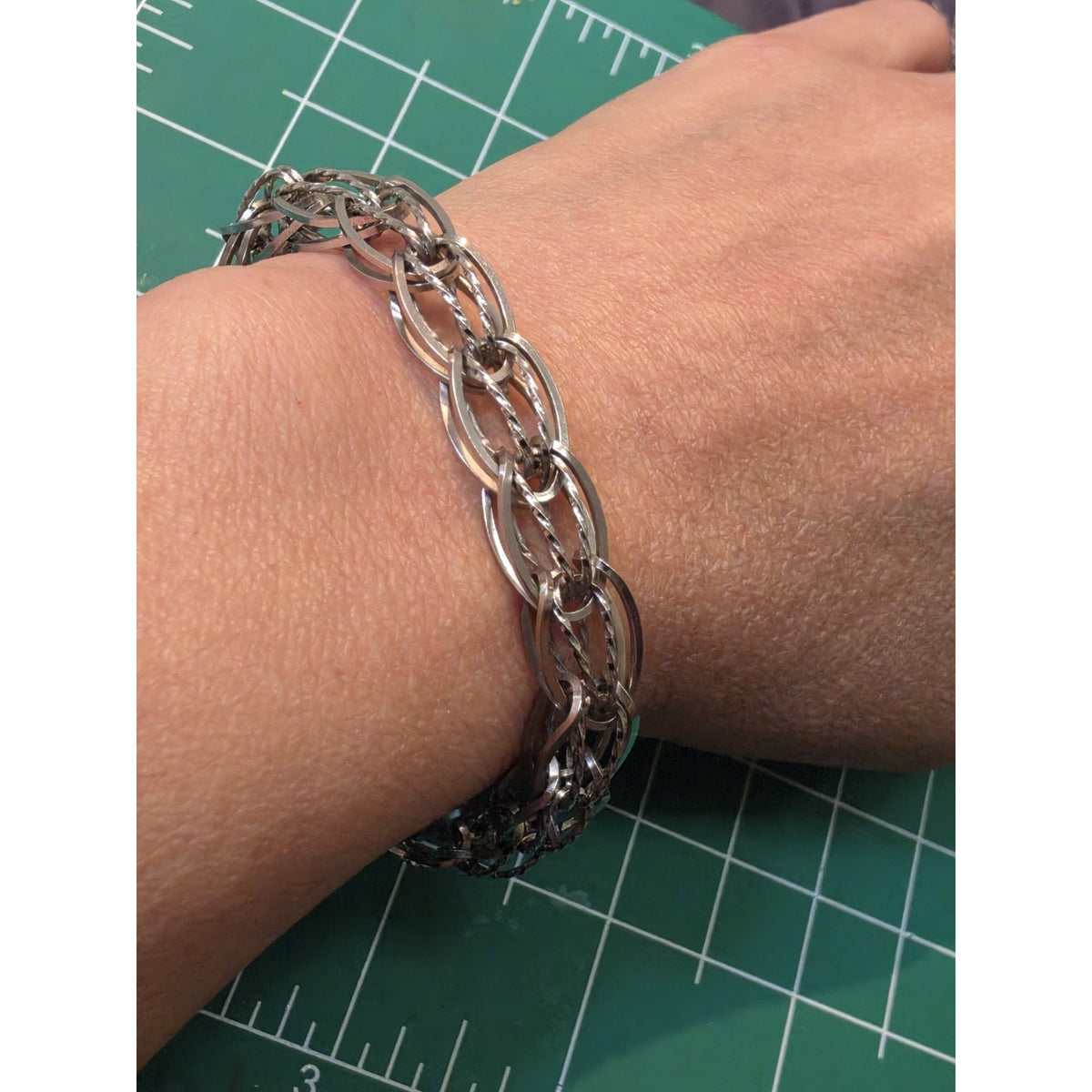Vintage Silver Silver Braided Woven Oval Twisted Diamond Cut Link Bracelet 7.5”