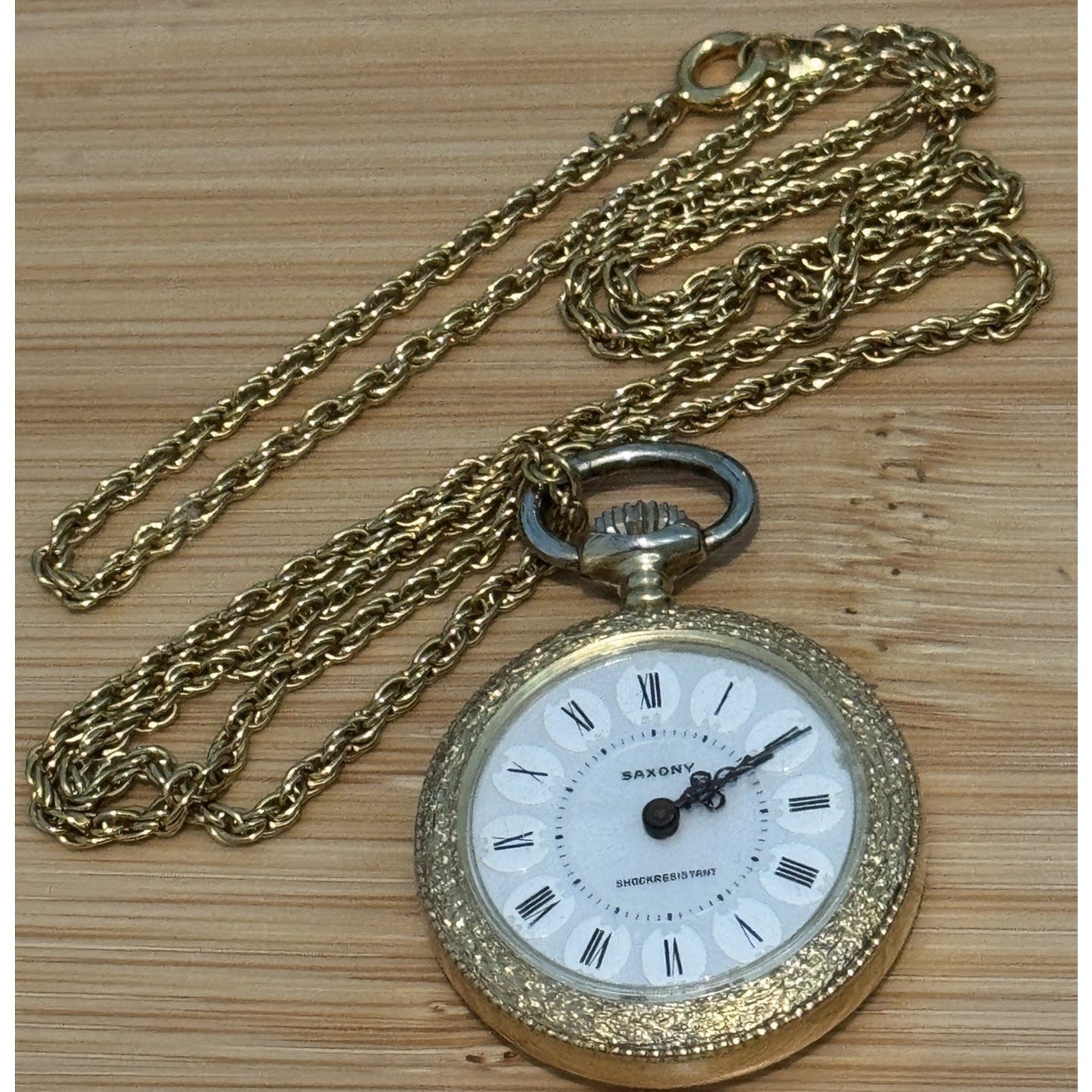 Vintage Saxony Swiss Manual Wind Pendant Necklace Watch Roman Numerals Gold Tone