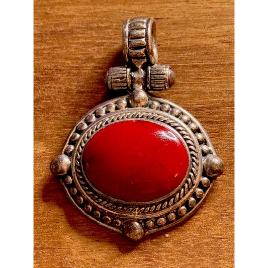 Vintage ATI Mexico 925 Sterling Silver Red Cabochon Pendant 16g Bold Artisan