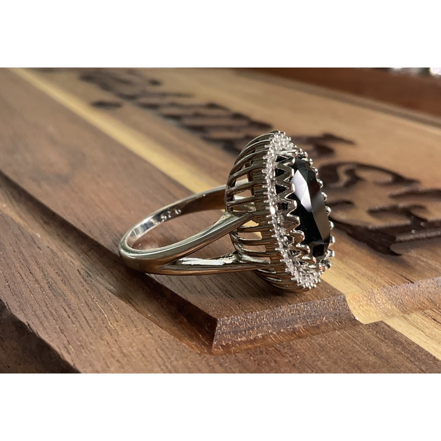 Sterling Silver Black Onyx Ring Size 9 Large Oval Halo CZ Statement Ring 925