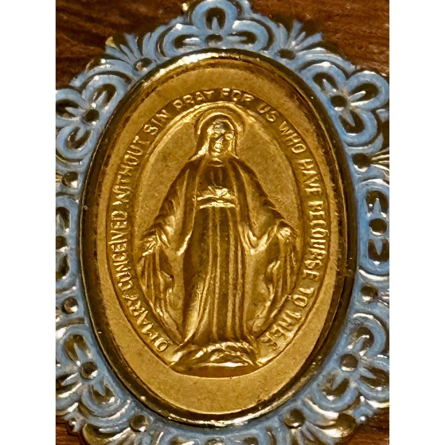 Vintage Germany Miraculous Medal Virgin Mary Gold Tone Blue Enamel Pendant