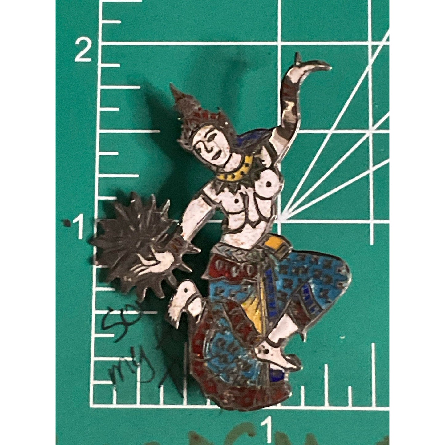 Vintage Siam Sterling Silver Enamel Dancer Brooch 5.9g Hand-Painted Thai Jewelry