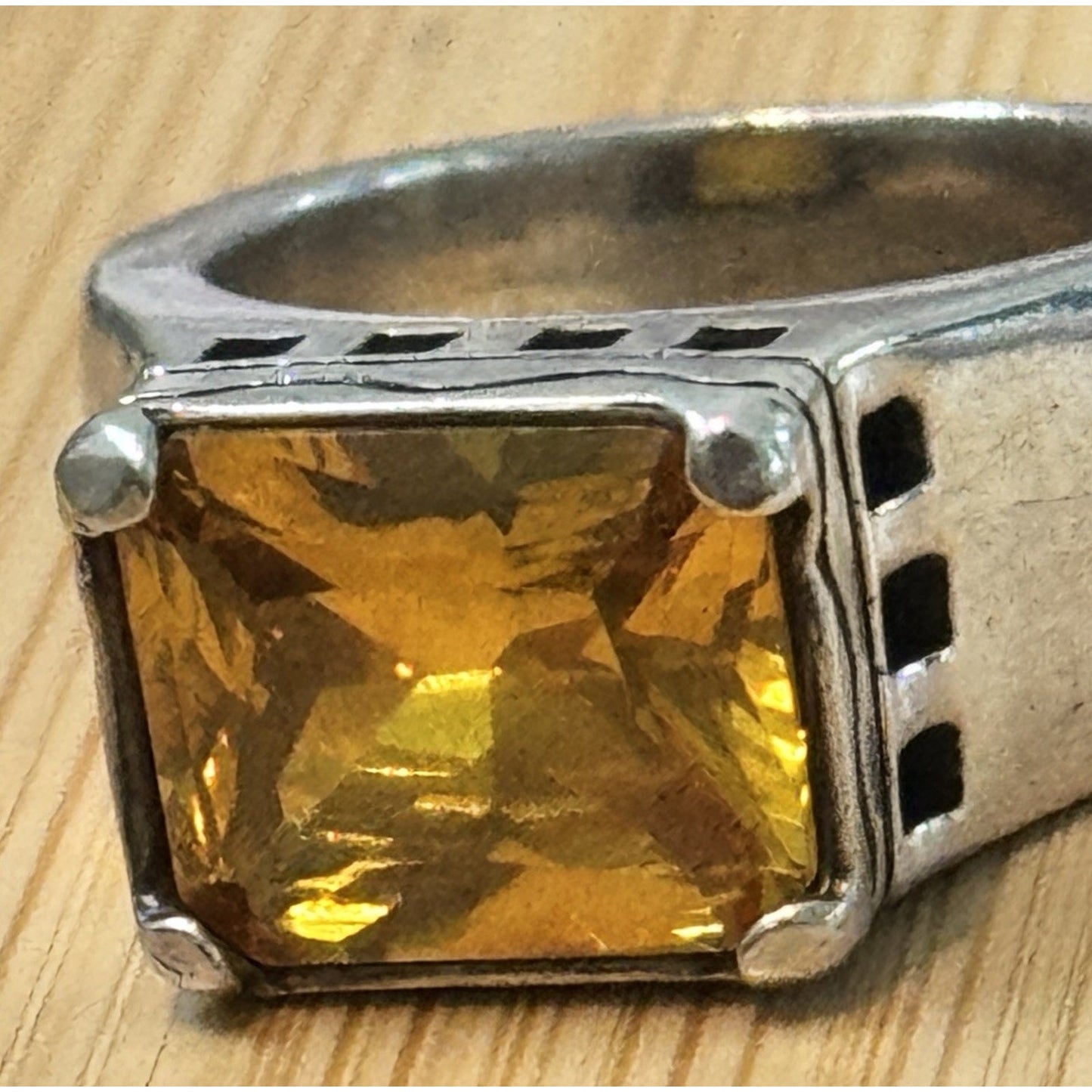 Vintage EX EX Sterling Silver 4-5 Carat Citrine Emerald Cut 925 Ring Size 8, 15g