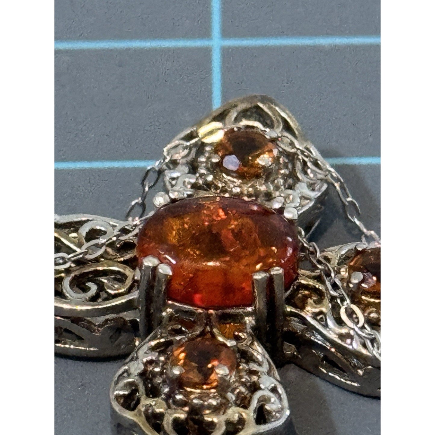 Vintage Amber & Citrine Sterling Silver Two Tone Cross And 925 Necklace 20”