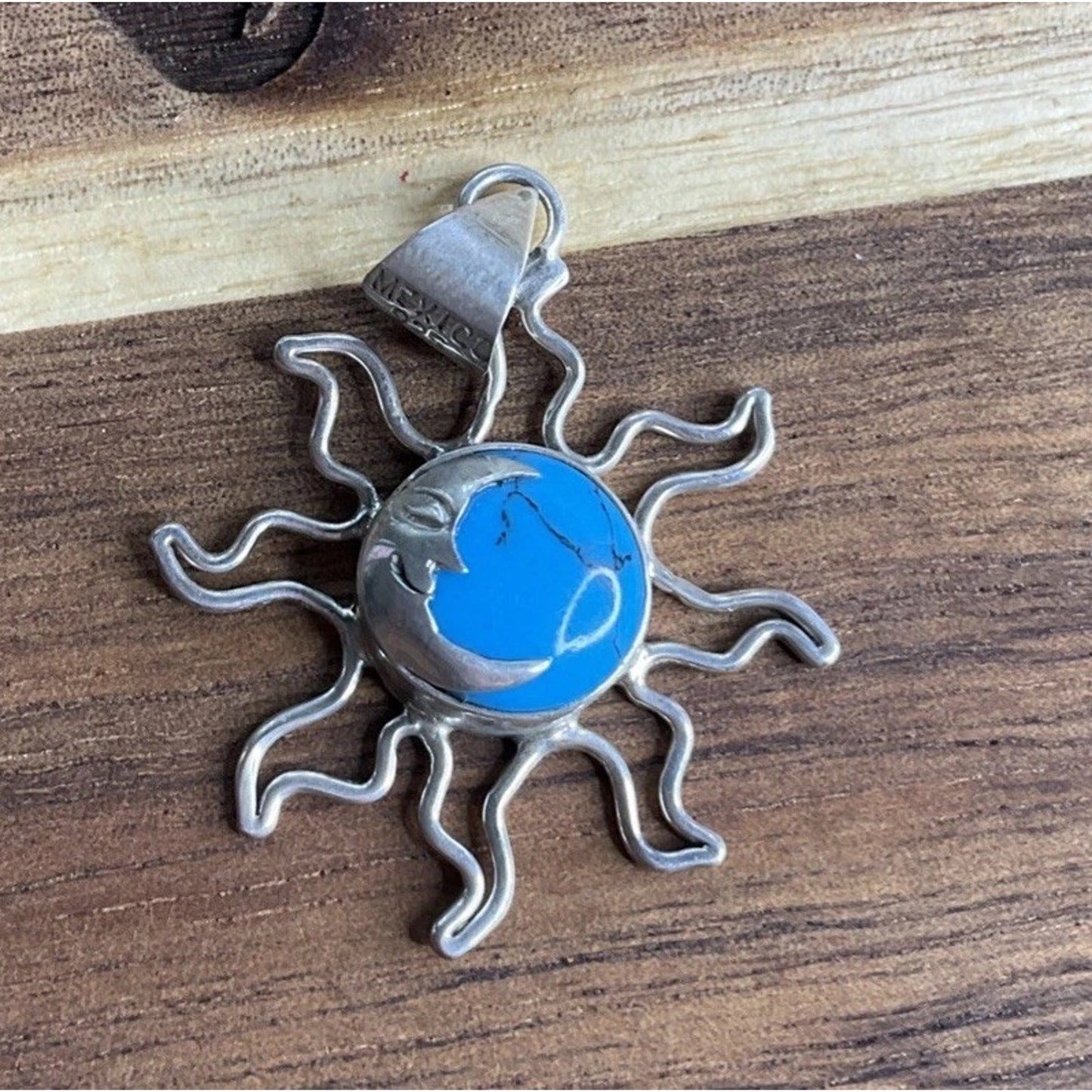 Sterling Silver Turquoise Sun Pendant Mexico 925 Southwestern Celestial Jewelry