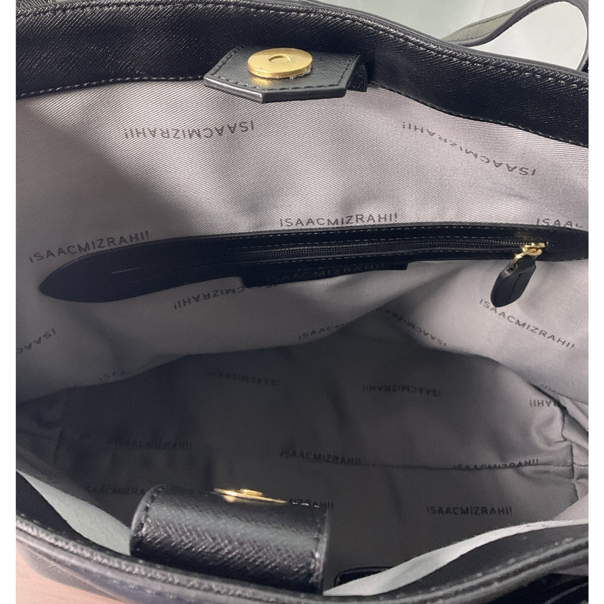Isaac Mizrahi Saffiano Black Leather Monogram Large Tote Bag Purse With IM Tag