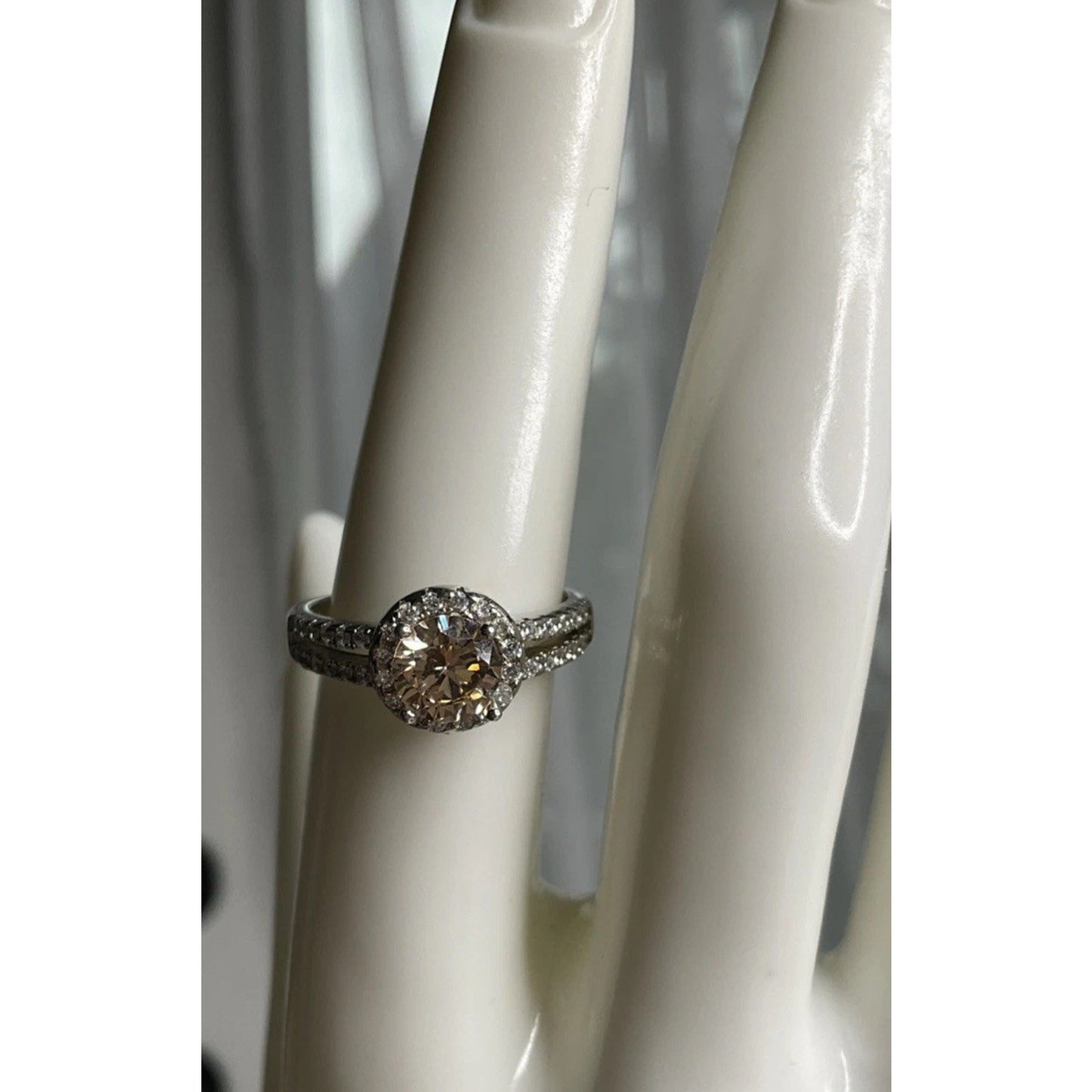 Sterling Silver Champagne CZ Halo Engagement Ring Size 7.5 Round Bridal