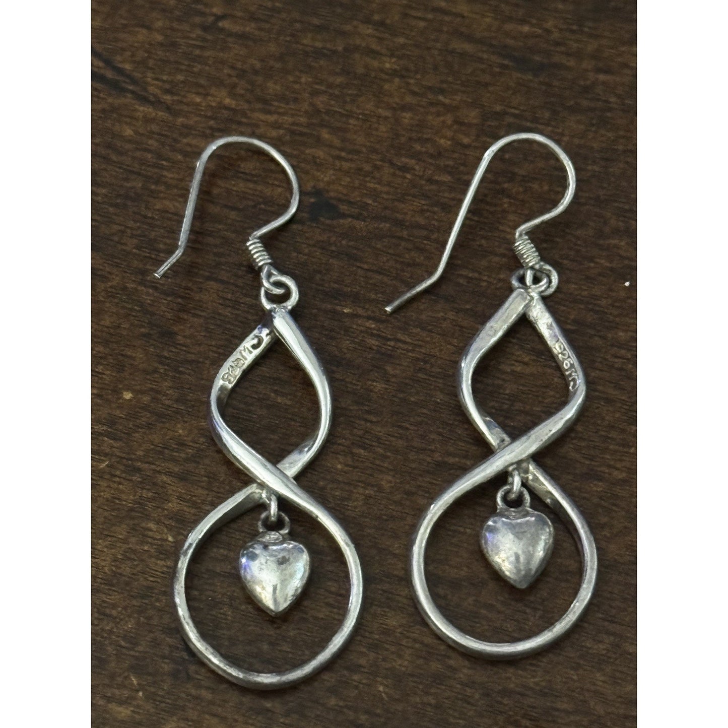 Vintage 90s Sterling Silver 925 Dangle Drop Infinity Heart Hook Earrings 2” Long