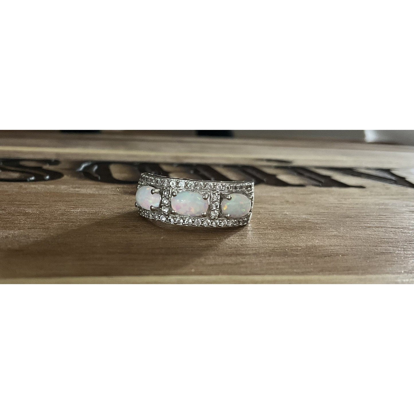 Signed SUN 925 Sterling Silver 3 Stone Oval Opal Ring Pave Size 6.5 Wide Band